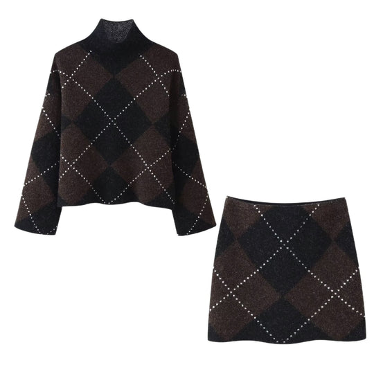Damen Strick‑Set aus Rollkragen‑Poncho und Minirock mit Argyle‑Muster Nord Taschen