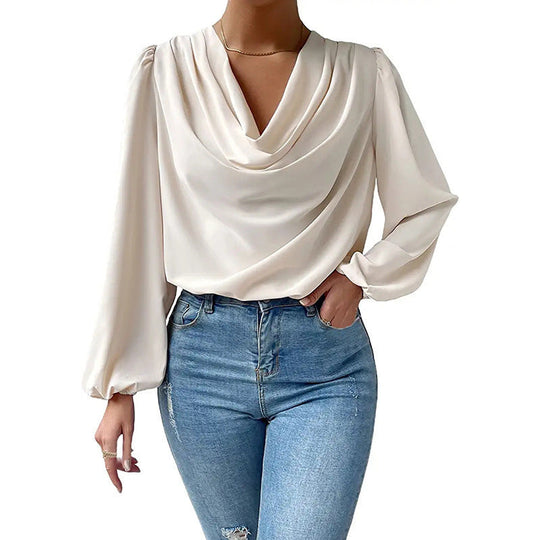 Damen elegante Bluse mit asymmetrischem Halsansatz und langen Ärmeln