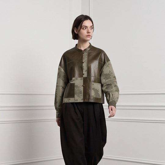 Damen Kurzjacke aus Lederoptik und Jacquard mit Stehkragen Nord Taschen