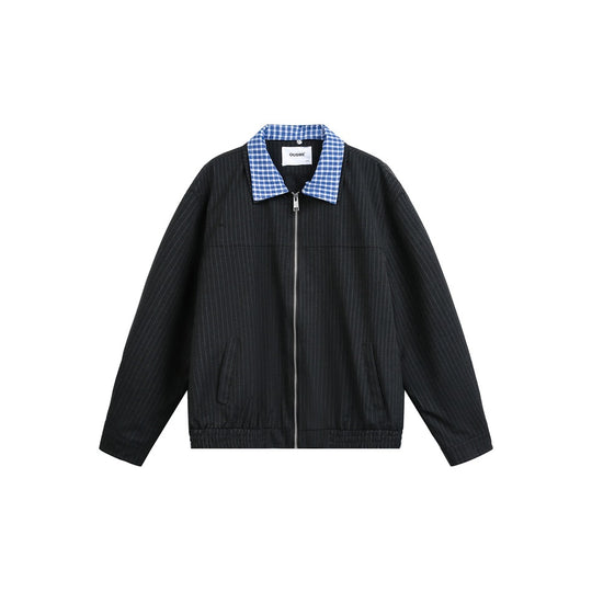 Unisex Kurz geschnittene Nadelstreifen‑Blousonjacke mit kontrastierendem Hemdkragen und durchgehendem Reißverschluss Nord Taschen