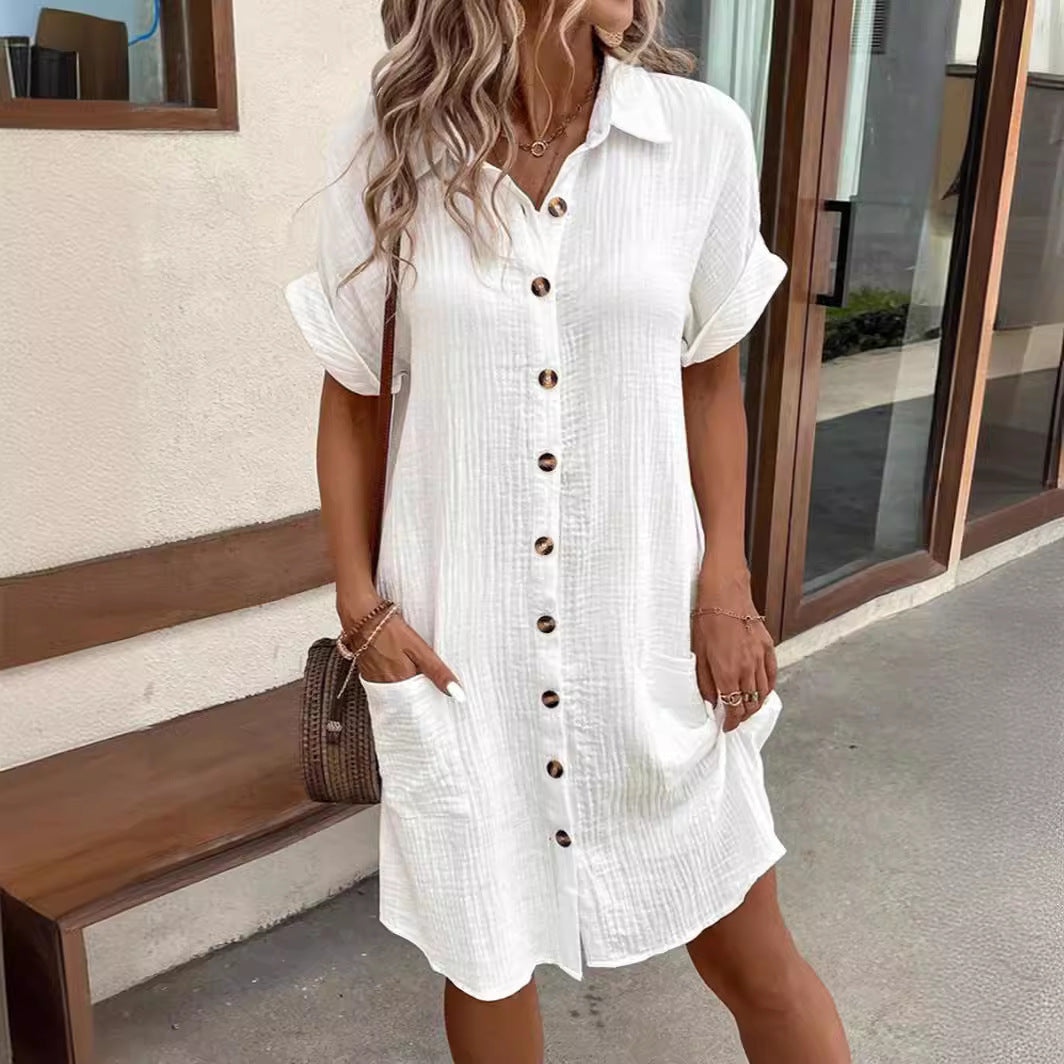 Damen Kurzarm Hemdkleid mit Knopfleiste und praktischen Taschen