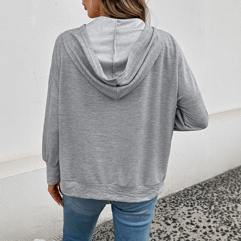 Damen lässiger Waffel-Kapuzenpullover mit Henley-Knopfleiste und Kängurutasche Nord Taschen