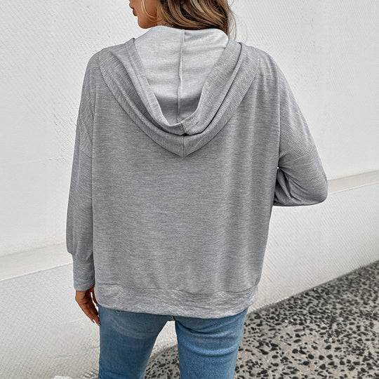 Damen lässiger Waffel-Kapuzenpullover mit Henley-Knopfleiste und Kängurutasche Nord Taschen