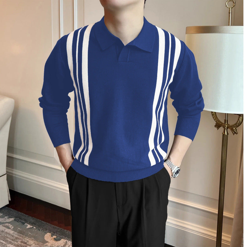 Herren Polokragen-Strickpullover mit markanten Längsstreifen und schmaler Passform Nord Taschen