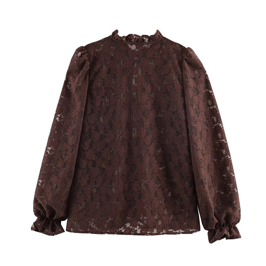 Damen Semi-transparente Jacquard‑Spitzenbluse mit Stehvolant, Kordelbindern und Ballonärmeln Nord Taschen