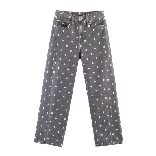 Damen Weite High-Waist-Jeans mit ganzflächigem Punktenmuster und geradem Bein Nord Taschen