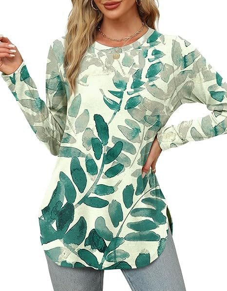 Damen Lässiges Longsleeve-Tunikaoberteil mit Rundhalsausschnitt, Seitenschlitzen und Aquarell-Blattprint Nord Taschen