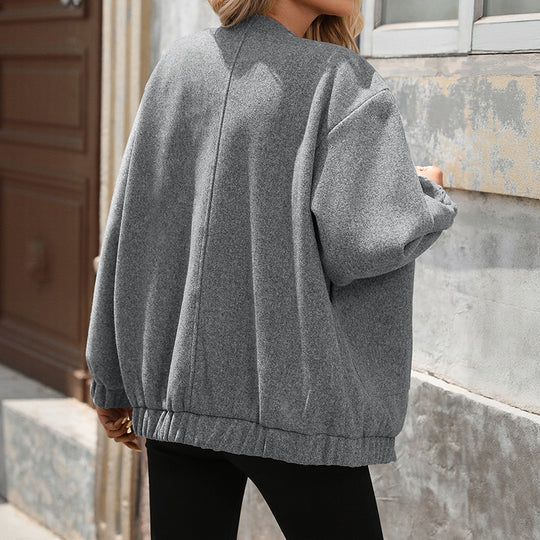 Damen Oversize‑Wolloptik‑Blouson mit Druckknopf‑Verschluss, elastischen Bündchen & aufgesetzten Taschen Nord Taschen