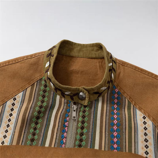 Damen Kurzer Canvas-Blouson mit gewebter Ethno‑Streifenfront und Pattentaschen Nord Taschen