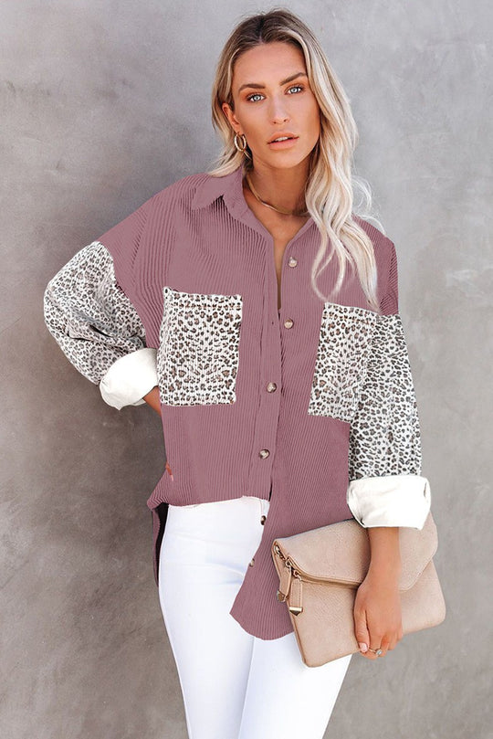Damen Oversize-Hemdbluse mit Strukturstoff und Leo-Print Einsätzen Nord Taschen