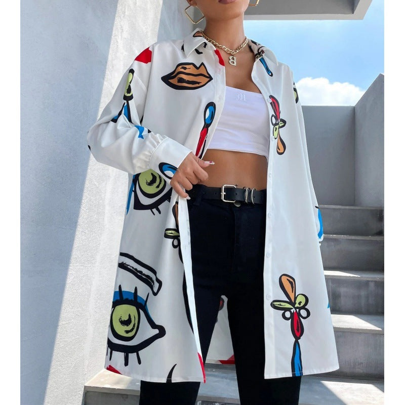 Damen Oversized Longbluse mit Pop‑Art‑Print, Hemdkragen und durchgehender Knopfleiste Nord Taschen