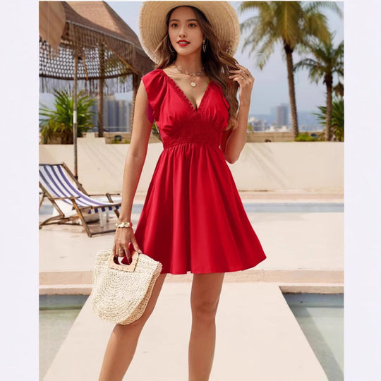 Damen Freizeitkleid mit schmalem Taillenbund und Rüschendetails