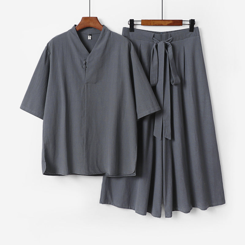 Unisex Zweiteiliges Kimono-Lounge-Set mit Stehkragen Kurzarmtop und weiter Bindbundhose Nord Taschen
