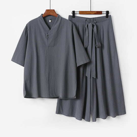 Unisex Zweiteiliges Kimono-Lounge-Set mit Stehkragen Kurzarmtop und weiter Bindbundhose Nord Taschen