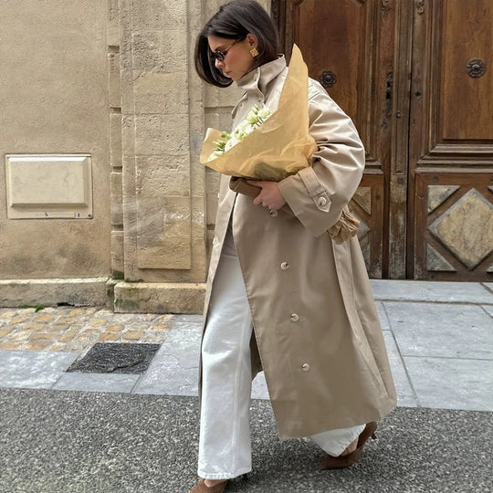 Damen Maxi-Trenchcoat mit hohem Stehkragen, doppelreihiger Knopfleiste & Taillengürtel Nord Taschen