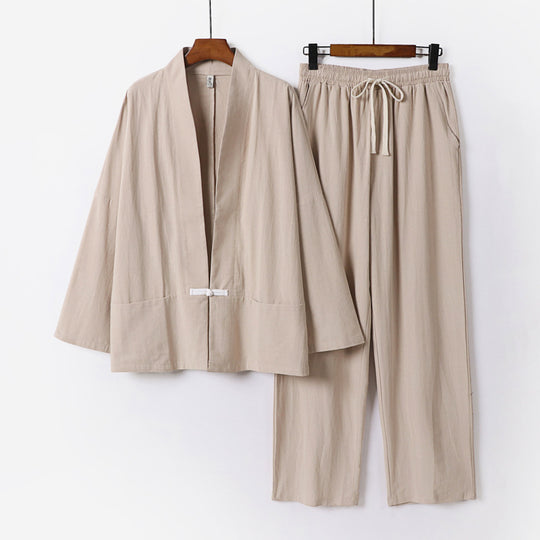 Herren Zen-inspiriertes Kimono-Loungewear-Set aus leichter Baumwollmischung mit offenem Schnitt und Kordelbundhose Nord Taschen
