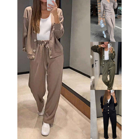 Damen Strick-Loungewear-Set mit V-Ausschnitt-Cardigan und weitem Kordelbund-Hose Nord Taschen