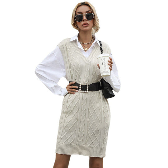 Damen Kabelstrick-Longweste mit V-Ausschnitt und Oversize-Silhouette Nord Taschen