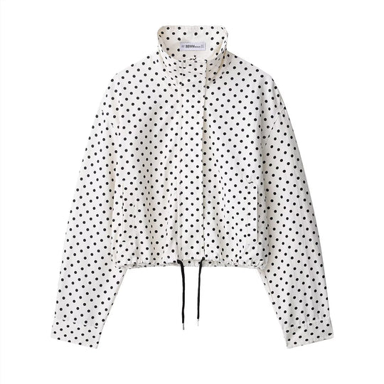 Damen Cropped-Übergangsjacke mit Polka-Dot, hohem Funnelkragen und Tunnelzug Nord Taschen
