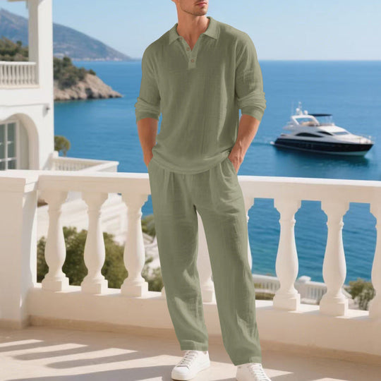 Herren nan leichtes Leinen-Ensemble mit Polokragen und elastischer Bundhose Nord Taschen