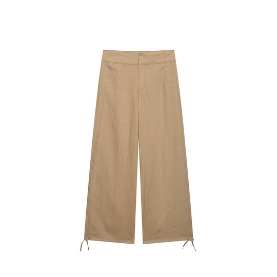 Damen Hochtaillierte Leinen-Mix Weite Hose mit Tunnelzug-Bund und Kordel-Saum Nord Taschen