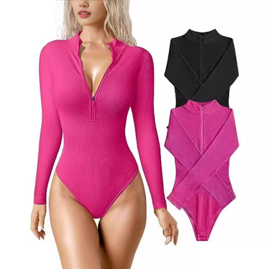 Damen Enganliegendes Rippstrick-Longsleeve mit Halbzip und Stehkragen Nord Taschen