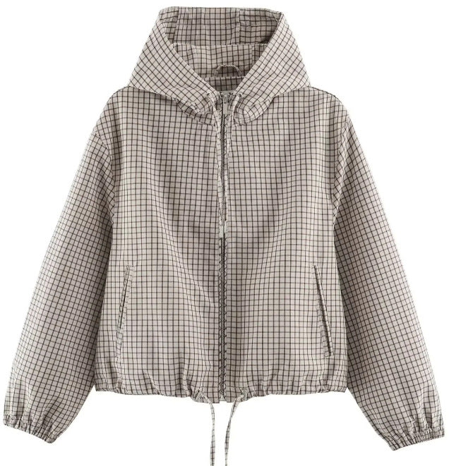 Damen Karierte Cropped Kapuzenjacke mit Tunnelzugsaum und Zwei‑Wege‑Reißverschluss Nord Taschen
