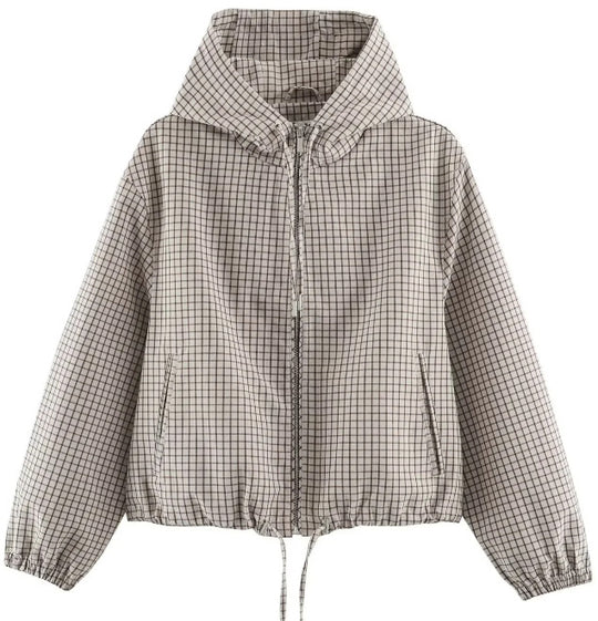 Damen Karierte Cropped Kapuzenjacke mit Tunnelzugsaum und Zwei‑Wege‑Reißverschluss Nord Taschen