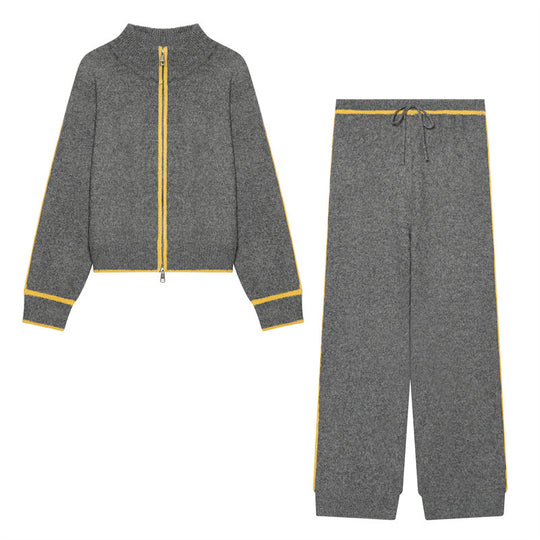 Damen Zweiteiliges Strick-Loungewear-Set mit kurzem Reißverschluss-Cardigan und hoher Bund-Palazzo-Hose Nord Taschen