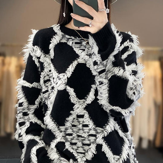 Damen Oversize-Strickpullover mit Fransen‑Diamantmuster und weicher Mohair‑Optik Nord Taschen