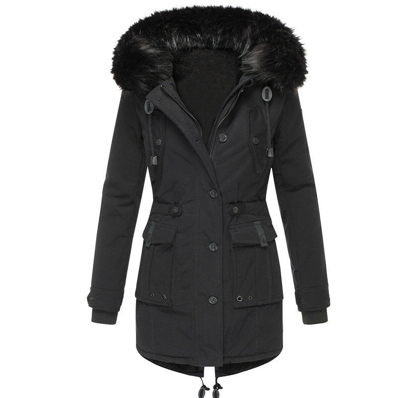 Damen Gefütterter Parka mit abnehmbarer Kunstfellkapuze, taillierter Silhouette und Utility‑Taschen Nord Taschen