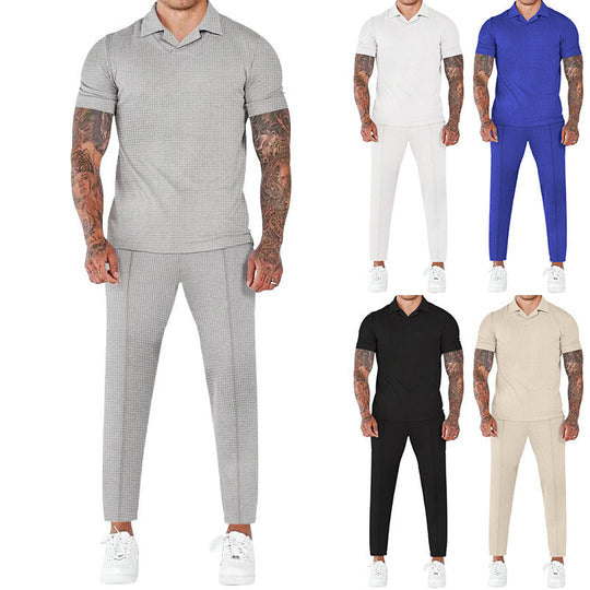 Herren elegantes Kurzarm-Hemd- und Hose-Set mit strukturiertem Design und komfortabler Passform - Arvani