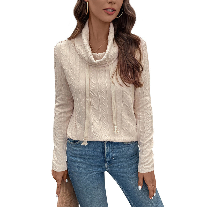 Damen Feinstrick-Cowlneck-Pullover mit Kordelzug und Zopfstrick-Detail Nord Taschen