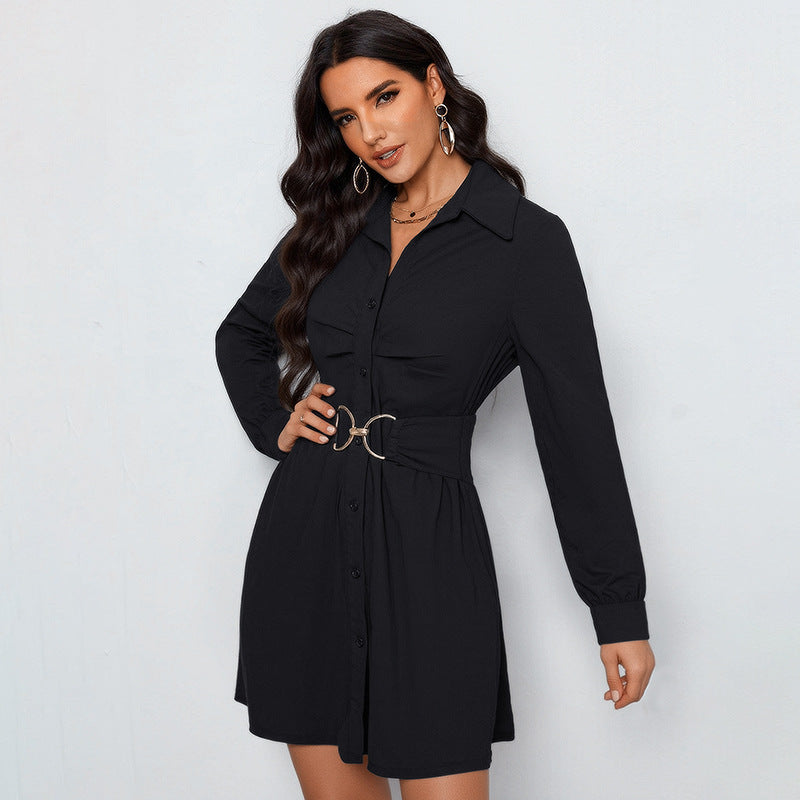 Damen Hemdblusen‑Minikleid mit Taillengürtel und dekorativem Metallring Nord Taschen