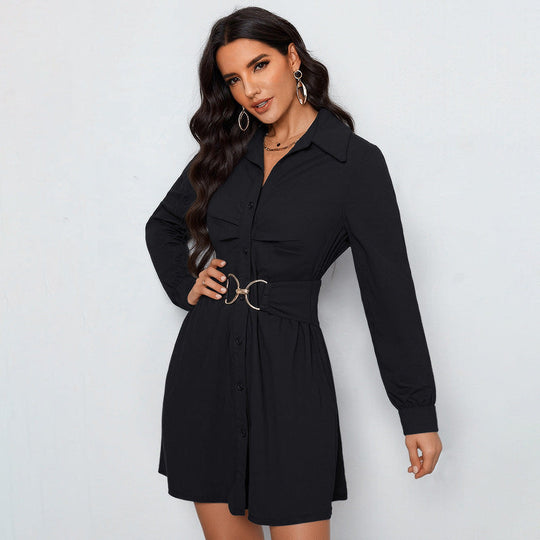 Damen Hemdblusen‑Minikleid mit Taillengürtel und dekorativem Metallring Nord Taschen
