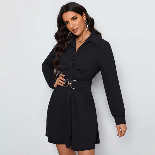 Damen Hemdblusen‑Minikleid mit Taillengürtel und dekorativem Metallring Nord Taschen