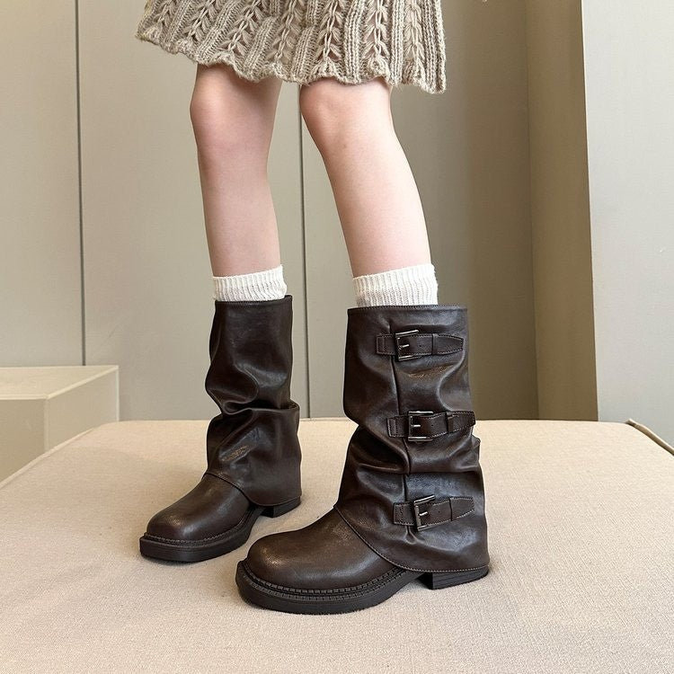 Damen Steppstiefel mit modischen Schnallen und flexiblem Schaftrand