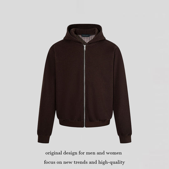 Herren Kapuzen‑Sweatjacke mit karierter Kapuzenfütterung, Metallreißverschluss und geripptem Saum Nord Taschen
