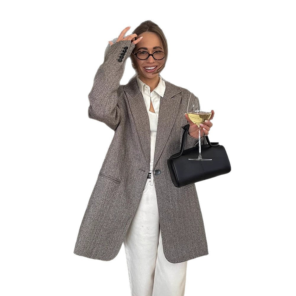 Damen Langer oversized Wollmix-Mantel mit einreihiger Knopfleiste, fallendem Revers und Eingrifftaschen Nord Taschen
