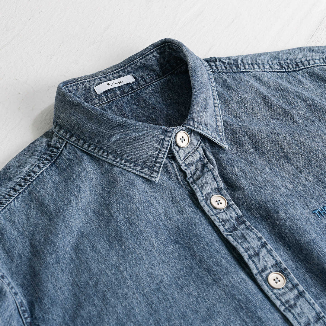 Herren entspanntes Denim-Overshirt mit Knopfleiste und Bruststickerei Nord Taschen