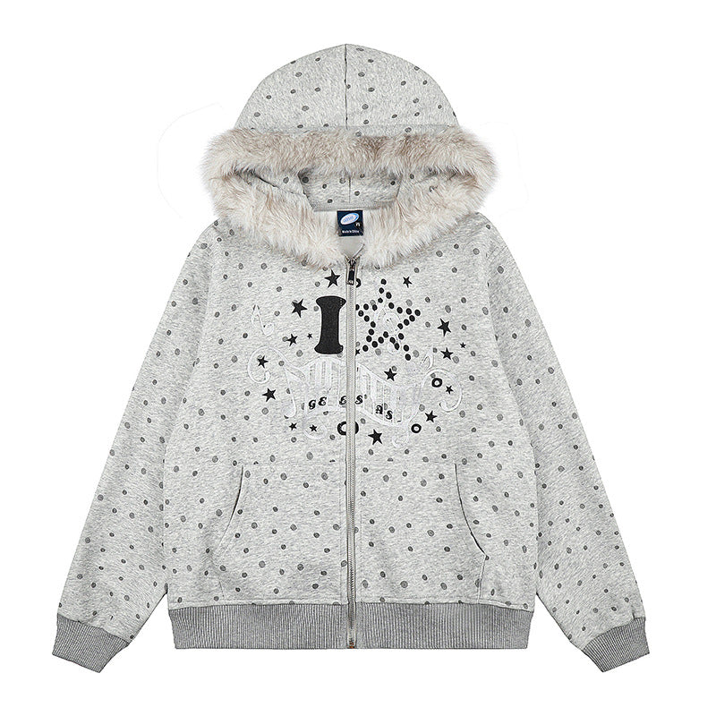 Damen Gepunktete Kapuzen-Sweatjacke mit Kunstfellbesatz, durchgehendem Reißverschluss und Kängurutaschen Nord Taschen