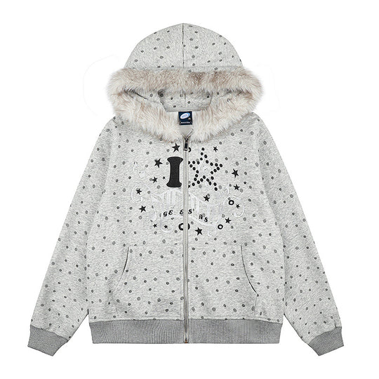 Damen Gepunktete Kapuzen-Sweatjacke mit Kunstfellbesatz, durchgehendem Reißverschluss und Kängurutaschen Nord Taschen