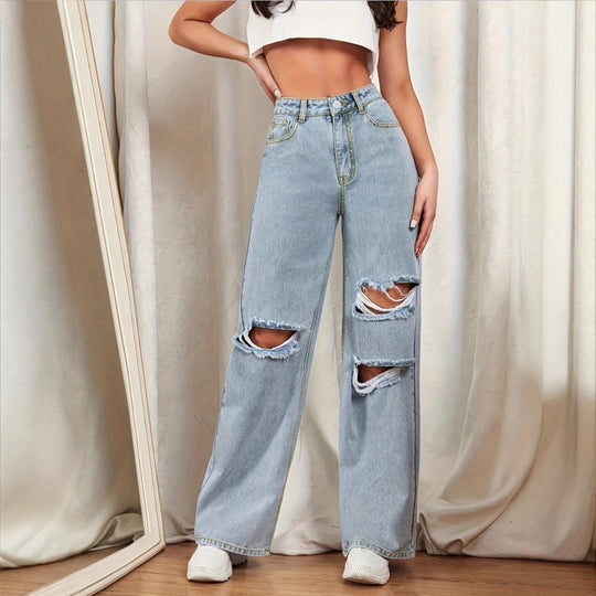 Damen Hochtaillierte Baggy-Jeans im Wide‑Leg mit mehrstufigen Knie-Cutouts Nord Taschen