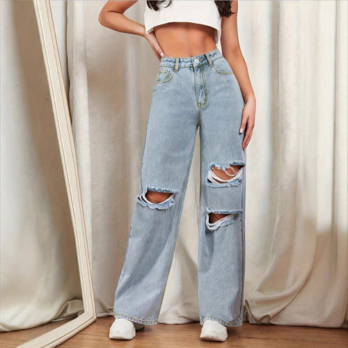 Damen Hochtaillierte Baggy-Jeans im Wide‑Leg mit mehrstufigen Knie-Cutouts Nord Taschen