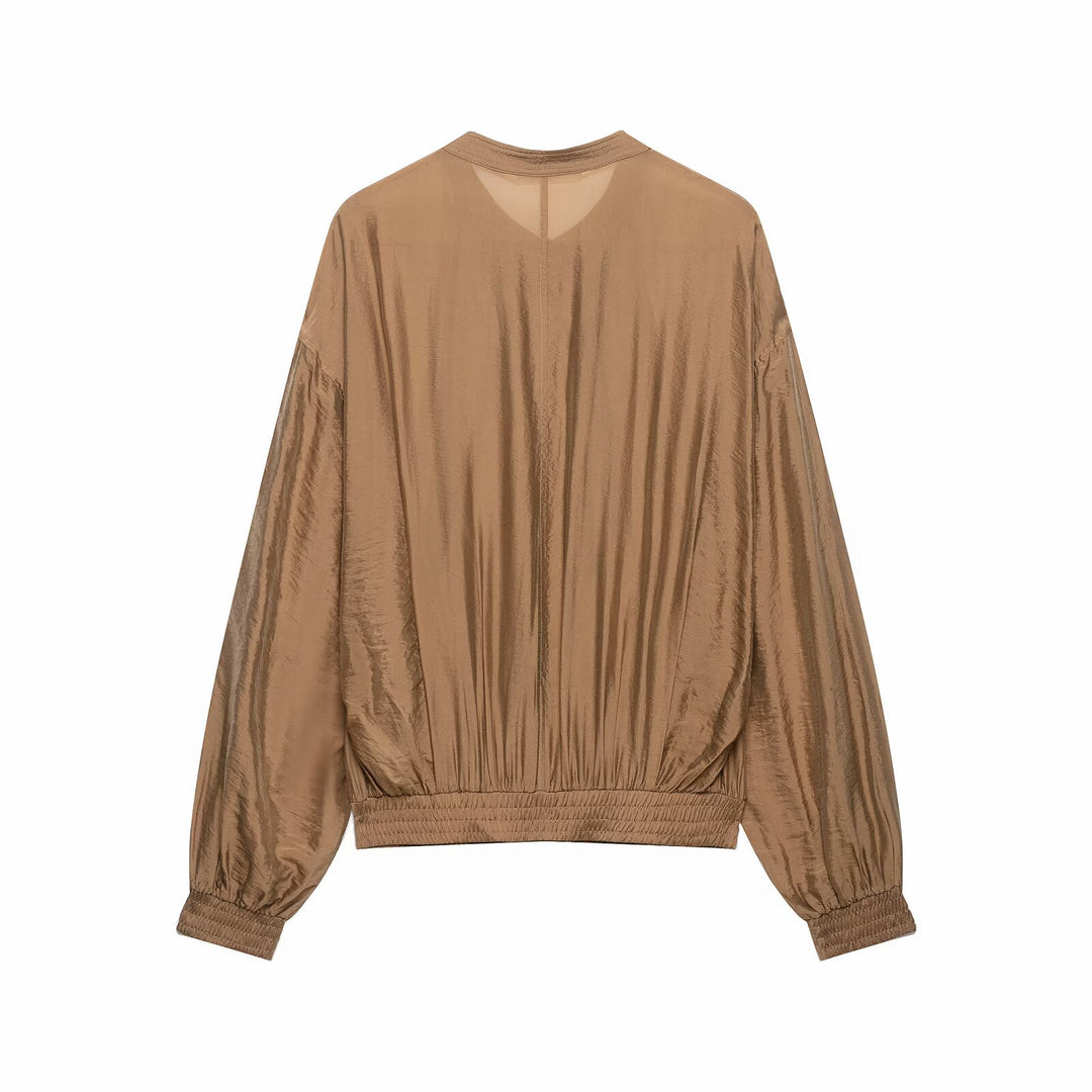 Damen Plissiertes Blouson-Top mit Rundhalsausschnitt, Ballonärmeln und gesmoktem Saum Nord Taschen