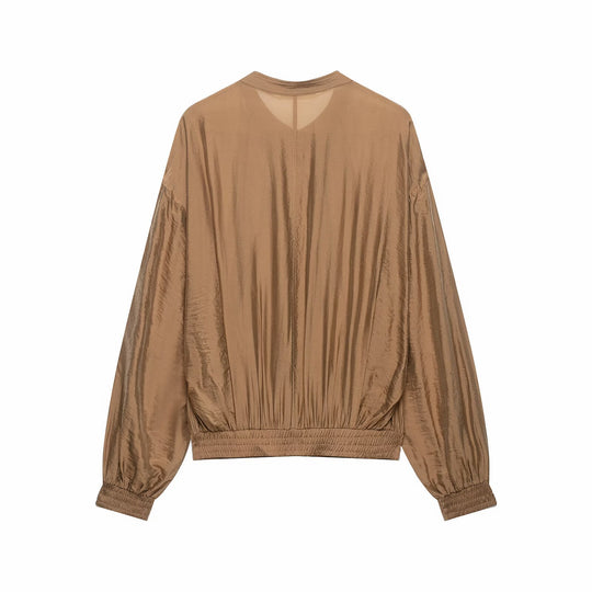 Damen Plissiertes Blouson-Top mit Rundhalsausschnitt, Ballonärmeln und gesmoktem Saum Nord Taschen