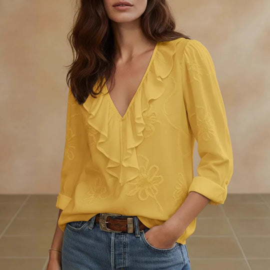 Damen elegante Bluse mit Volant und floralem Stickmuster