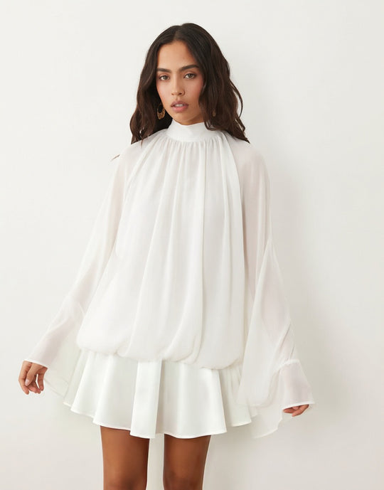 Damen Chiffon-Minikleid mit geraffter Blusentunika, Stehkragen und Volantrock Nord Taschen