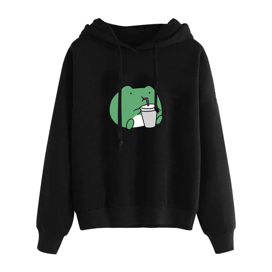 Damen nan kurz geschnittener Cropped-Kapuzenpullover mit niedlicher Frosch-Illustration und verstellbarer Kapuze Nord Taschen