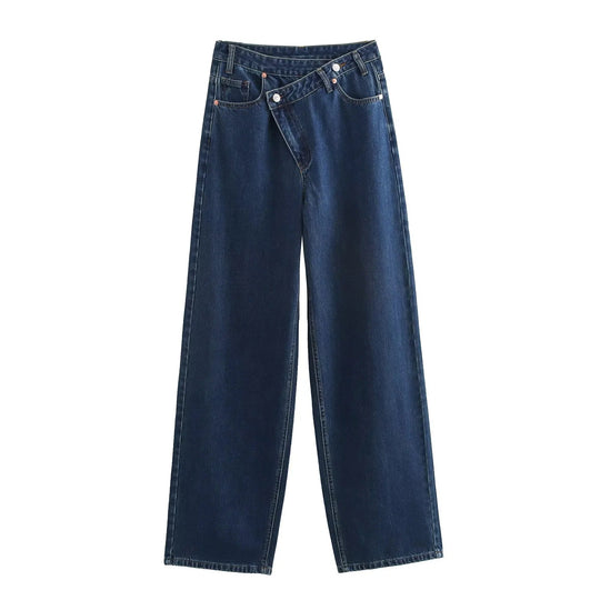 Damen 20+ weite High‑Waist Denim‑Palazzo‑Jeans mit asymmetrischem Bunddetail Nord Taschen